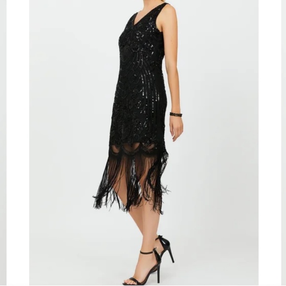 Suzy Shier Formal Dress Swing Art deco Great Gatsby Sequin Fringes Black Sz XL - Picture 1 of 15